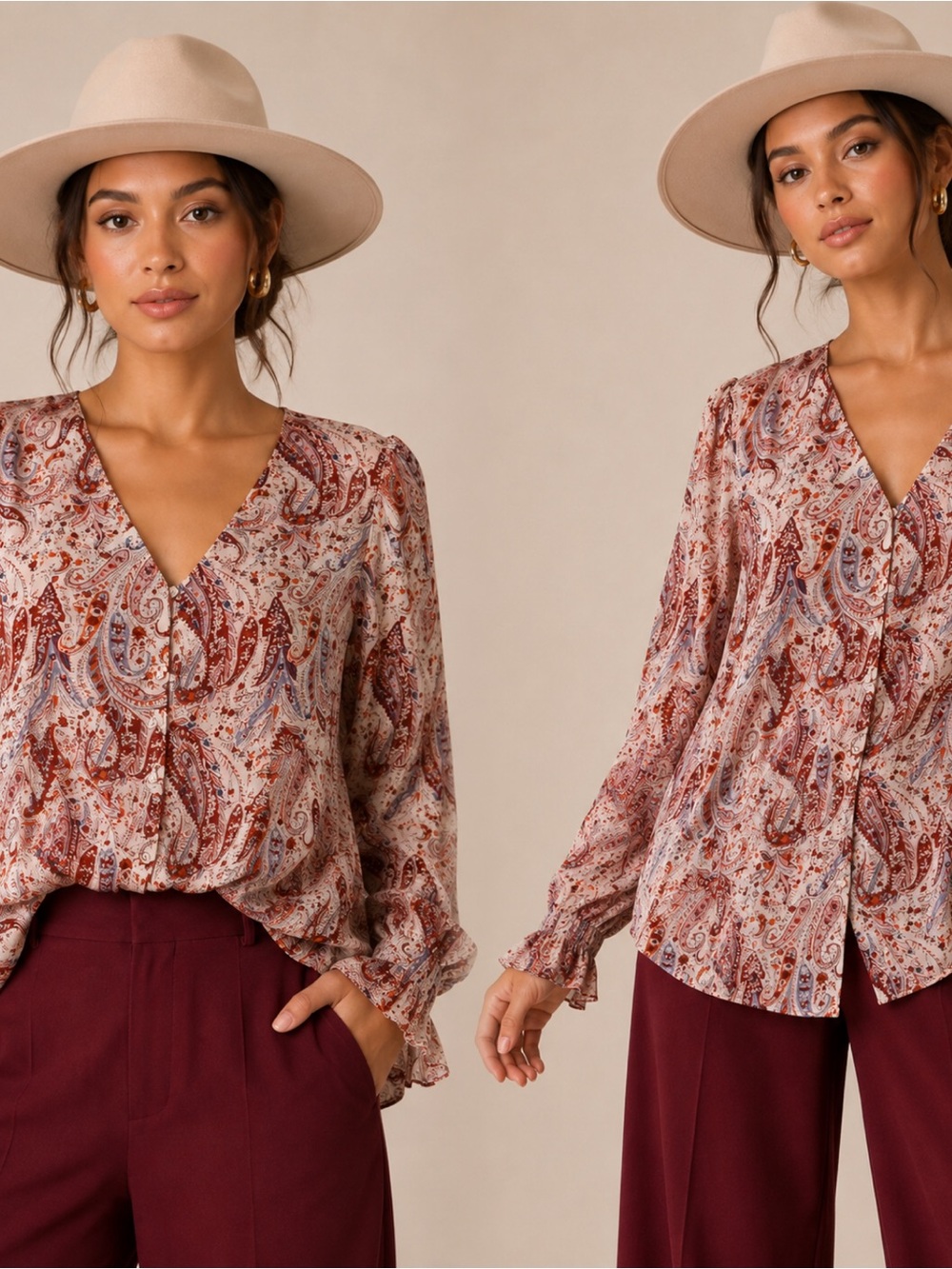 Skies Are Blue Paisley V-Neck Long Sleeve Blouse - Rust & Beige